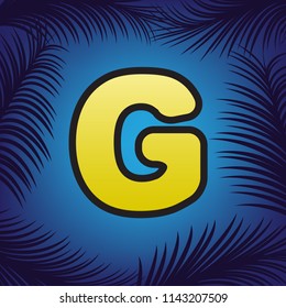 Letter G sign design template element. Vector. Golden icon with black contour at blue background with branches of palm trees.