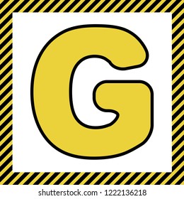 Letter G sign design template element. Vector. Warm yellow icon with black contour in frame named as under construction at white background. Isolated.