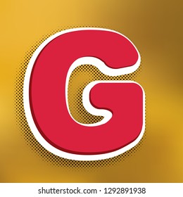 Letter G sign design template element. Vector. Magenta icon with darker shadow, white sticker and black popart shadow on golden background.