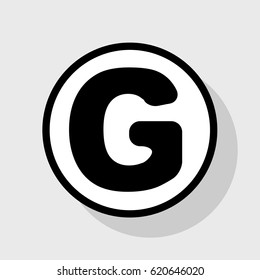 Letter G sign design template element. Vector. Flat black icon in white circle with shadow at gray background.