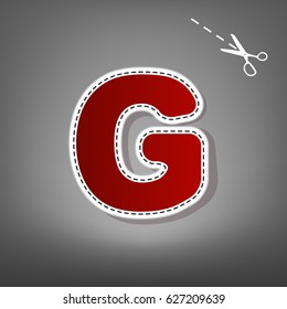 Letter G sign design template element. Vector. Red icon with for applique from paper with shadow on gray background with scissors.