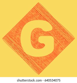 Letter G sign design template element. Vector. Red scribble icon obtained as a result of subtraction rhomb and path. Royal yellow background.