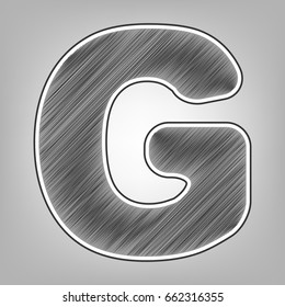 Letter G sign design template element. Vector. Pencil sketch imitation. Dark gray scribble icon with dark gray outer contour at gray background.