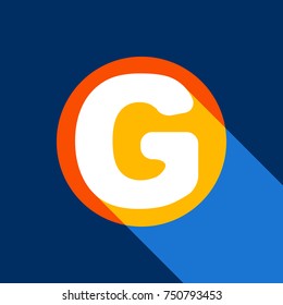 Letter G sign design template element. Vector. White icon on tangelo circle with infinite shadow of light at cool black background. Selective yellow and bright navy blue are produced.