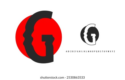 Letter G silhouette on red sun, twisting alphabet. Japanese logo for sushi roll restaurant logo, asian cultural event logotype. Vector logo and typeset