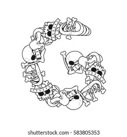 Letter G skeleton Bones Font. Anatomy of an alphabet symbol. dead ABC sign