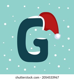 Letter G with snow and red Santa Claus hat. Festive font for Christmas and New Year