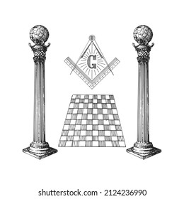 The letter G with Square and Compasses, vector illustration concept in engraving style. Vintage pastiche of Freemasonry Boaz and Jachin pillars. Drawn sketch of occult and mystical symbols.