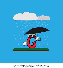 Letter G standing on grass with umbrella in rain and looking forward