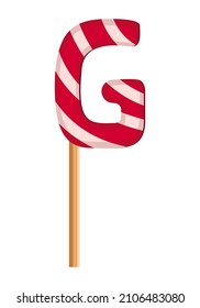 Letter G from striped red and white lollipops. Festive font or decoration for holiday or party. Vector flat illustration