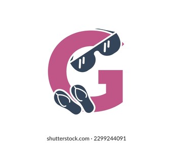Buchstabe g mit Sonnenbrille und Flip Flops. kreatives Ferien- und Resort-Alphabet-Logo. Sommertourismus-Design. isoliertes Vektorbild