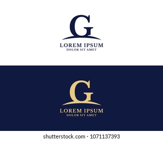 Letter G With Swoosh Logo Design Vector Template. Dark Blue And Gold Color.