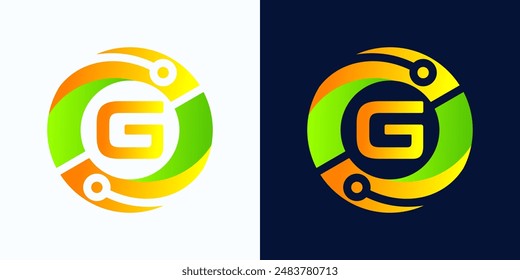 Letter G technology logo with circles and circuit board lines with letter G inside for digital, data, connection in green and orange gradient colors