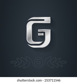 Letter G. Template for company logo with monogram element. 3d Design element or icon. Vector elegant silver font.