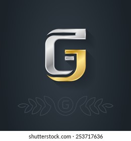 Letter G. Template for company logo with monogram element. 3d Design element or icon. Vector elegant gold and silver font.