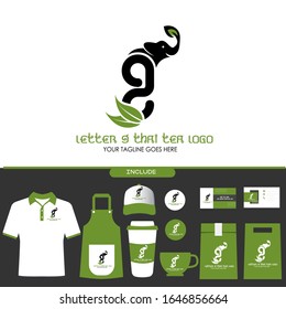 Letter G Thai Tea Vector Logo Design Inspiration for Thai Tea House and Café. Elephant Logo with Tea Leaves Brand Identity Include Shirt. Apron. Hat. Cup. Pin. Business Card. Paper Bag