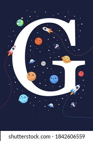 The letter G with the theme of outer space for Children. Letter graphic vector illustration for kids on outer space theme. space kids, letters for children.