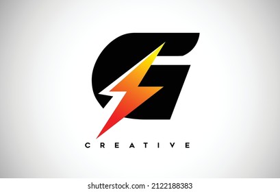 Letter G Thunderbolt Logo Concept with Black Letter and Orange Yellow Thunder. G Lighting bolt thunder bolt Lighting Strike Creative Letter Vector.