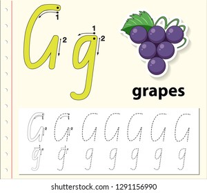 Letter G tracing alphabet worksheets illustration