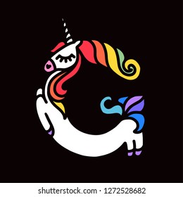 Letter "G" unicorn. Written by unicorns. Unicorn style letter. Fairytale font. Multicolored mane. Trend print on a T-shirt. Logo isolated on a black background. Metal pin. Unicorn alphabet.