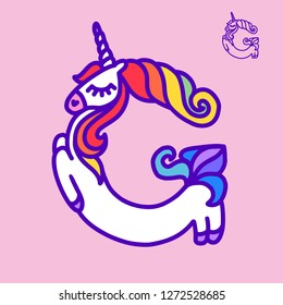 Letter "G" unicorn. Written by unicorns. Letter in the style of the unicorn. Fairytale font. Multicolored mane. Trend print on a T-shirt. Metal pin. Unicorn alphabet.