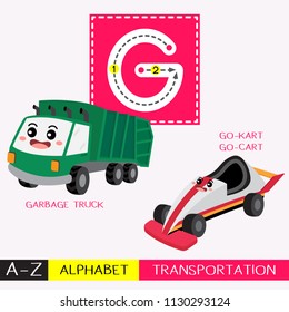Letter G uppercase children colorful transportations ABC alphabet tracing flashcard for kids learning English vocabulary and handwriting Vector Illustration.