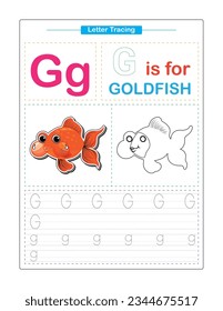 Letter G.  Uppercase and Lowercase. Cute children. Colorful ABC alphabet tracing. Practice worksheet for kids. Learning English vocabulary and handwriting. Letter Trace. Vector illustration