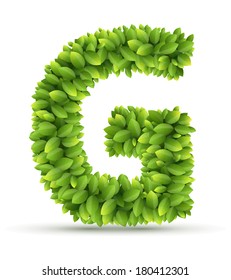 Letter G, vector alphabet of green leaves  on white background