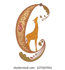 Letter G. Vector letter engraving style with flower and animal. Colorful hand drawn vintage illustration