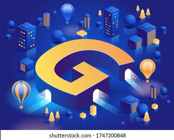 Letter G. Vector isometric abstract font with icons, buildings, colour boxes, trees, balloons. 3d letter for design concept. More letters in same style in my portfolio