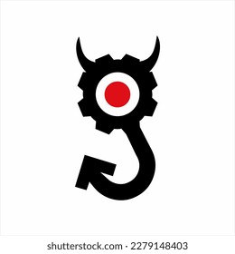 Letter G  vector logo design with gear elements, horns and arrows.
