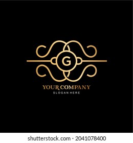 letter G vector logo and gold frame. simple and elegant gold frame line art with letter G .premium letter G vector template