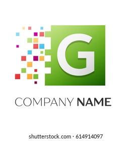 Letter G vector logo symbol in the colorful square with shattered blocks on white background. Vector template for your design