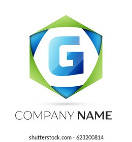 Letter G vector logo symbol in the colorful hexagonal on grey background. Vector template for your design