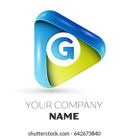 Letter G vector logo symbol in the colorful triangle on grey background. Vector template for your design