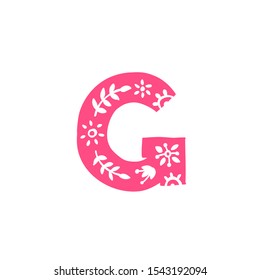 Letter G. Vector. Pink letter with ornament. Applique for clothes. Logo for the company.