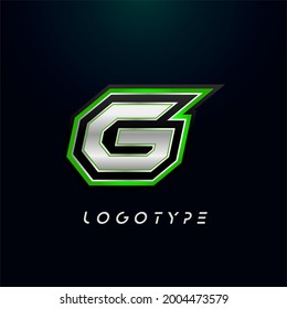 Letter G for video game logo and super hero monogram. Sport gaming emblem, bold futuristic letter with sharp angles and green outline. Tilted sharp letter type on black background