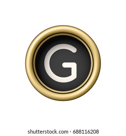 Letter G. Vintage golden typewriter button isolated on white background. Graphic design element for scrapbooking, sticker, web site, symbol, icon. Vector illustration.