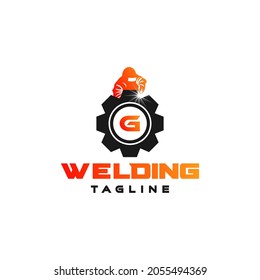 Letter G welding logo, welder silhouette working with weld helmet in simple and modern design style