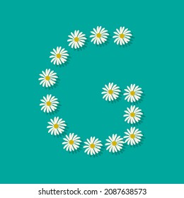 Letter G from white chamomile flowers. Festive font or decoration for spring or summer holiday and design. Vector flat illustration