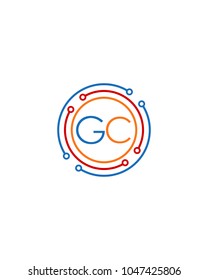 Letter GC logo circle frame monogram, mockup line round border design element, red blu and gray graphic tech geometric shape.