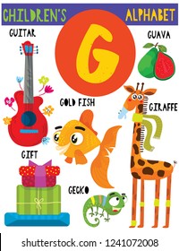 Letter G.Cute children's alphabet with adorable animals and other things.Poster for kids learning English vocabulary.Cartoon vector illustration.