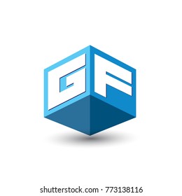 Letter GF logo in hexagon shape and blue background, cube logo with letter design for company identity.
