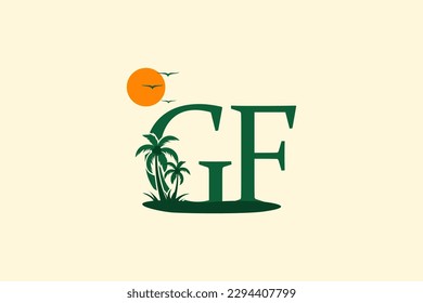 letter GF   plam tree and sunrise logo design vector