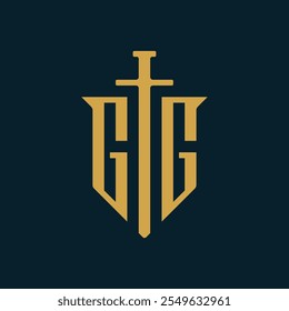 Carta GG logotipo design, Sword Armor Shield modelo gráfico vetor