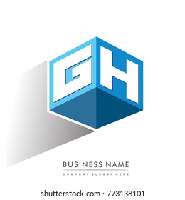 Letter GH logo in hexagon shape and blue background, cube logo with letter design for company identity.
