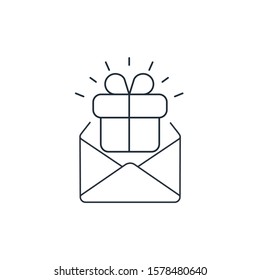 A letter with a gift. Congratulation. Vector linear icon on a white background.
