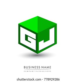 Letter GJ logo in hexagon shape and green background, cube logo with letter design for company identity.
