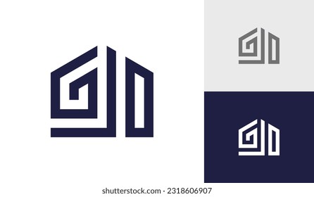 Letra GJD inicial con diseño de logotipo de casa