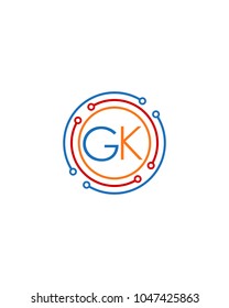 Letter GK logo circle frame monogram, mockup line round border design element, red blu and gray graphic tech geometric shape.